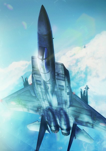 Anime picture 724x1024 with original amisu tall image sky cloud (clouds) flying landscape weapon airplane jet f-15
