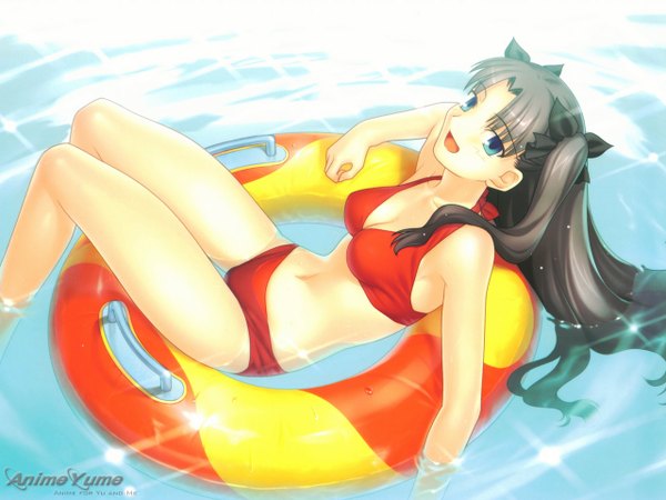 Anime picture 1280x960 with fate (series) fate/stay night studio deen type-moon toosaka rin long hair blue eyes black hair twintails girl ribbon (ribbons) swimsuit bikini water