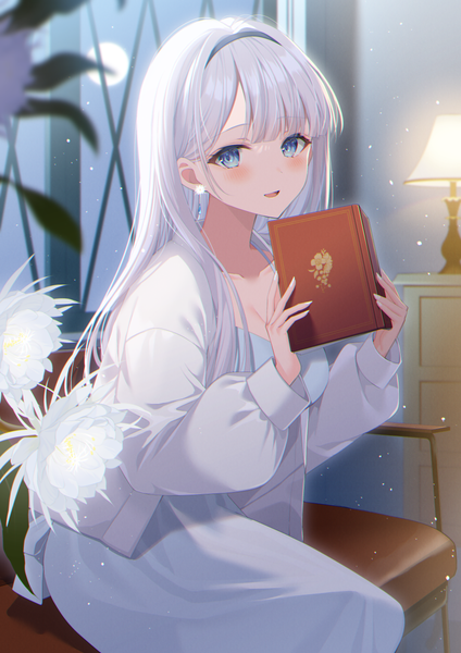Anime picture 1000x1416 with original myusha single long hair tall image looking at viewer blush fringe breasts blue eyes smile large breasts sitting holding cleavage white hair indoors blunt bangs long sleeves night