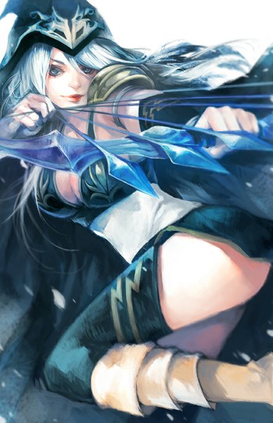 Anime picture 700x1082 with league of legends ashe (league of legends) ippus single long hair tall image looking at viewer fringe breasts cleavage silver hair light smile lips grey eyes girl weapon petals armor hood bow (weapon)