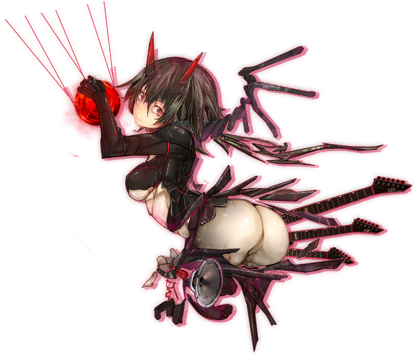 Anime picture 1295x1109 with original rib:y(uhki) single looking at viewer fringe short hair breasts light erotic black hair red eyes large breasts holding ass looking back horn (horns) shiny skin transparent background arched back oni horns cat eyes