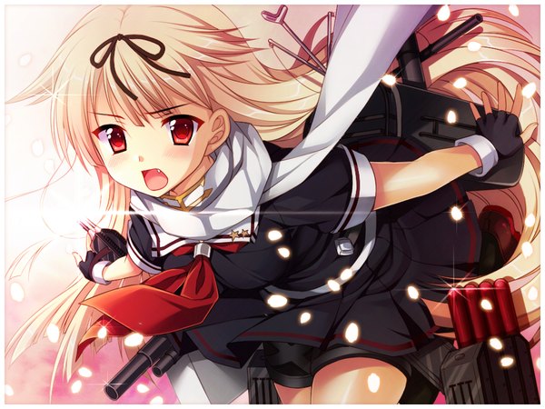 Anime picture 960x720 with kantai collection yuudachi destroyer ayamisiro single long hair blush fringe open mouth blonde hair red eyes pleated skirt teeth fang (fangs) remodel (kantai collection) mecha musume girl skirt gloves uniform ribbon (ribbons)