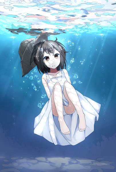 Anime picture 1181x1748 with original fuyu nashi (artist) single tall image short hair light erotic black hair bare shoulders brown eyes looking away full body legs underwater girl dress underwear panties hat bubble (bubbles)