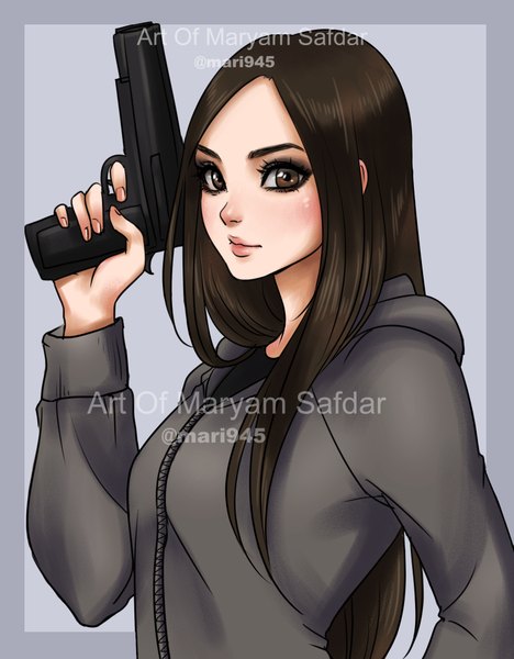 Anime picture 796x1020 with original mari945 single long hair tall image looking at viewer blush simple background brown hair holding brown eyes signed upper body grey background twitter username eyeshadow girl weapon gun hood
