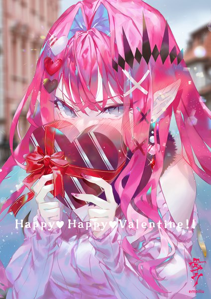 Anime picture 1500x2122 with fate (series) fate/grand order baobhan sith (fate) emoillu single long hair tall image looking at viewer blush fringe bare shoulders signed pink hair upper body nail polish pointy ears sparkle grey eyes embarrassed slit pupils