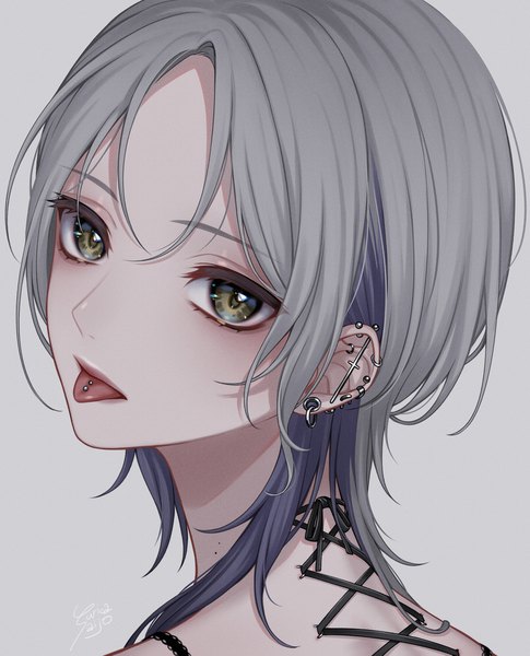 Anime picture 890x1100 with original ca yu single tall image looking at viewer short hair simple background green eyes signed payot head tilt grey hair grey background mole piercing portrait ear piercing face :p lacing