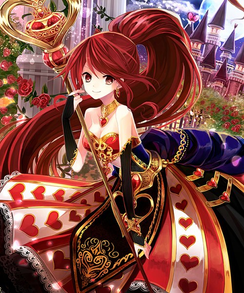 Anime picture 950x1140 with original t miyanagi single tall image looking at viewer red eyes bare shoulders ponytail red hair very long hair girl dress flower (flowers) earrings rose (roses) moon jewelry full moon staff lace