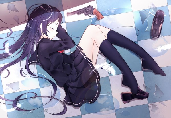 Anime picture 3992x2760 with original ciyuan zhi xi single long hair highres black hair payot absurdres full body bent knee (knees) lying eyes closed profile pleated skirt from above on side sleeping checkered floor floor shoes removed