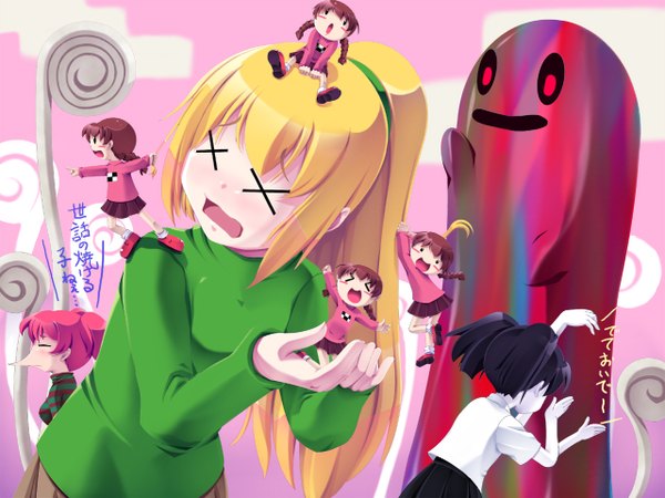 Anime picture 1280x960 with yume nikki madotsuki poniko toriningen monoko rapama long hair fringe open mouth black hair blonde hair brown hair twintails multiple girls holding pink hair ponytail braid (braids) profile pleated skirt