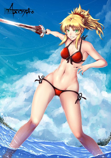 Anime picture 1240x1754 with fate (series) fate/grand order fate/apocrypha mordred (fate) mordred (swimsuit rider) (fate) adsouto single long hair tall image blush fringe breasts light erotic blonde hair smile large breasts standing bare shoulders holding green eyes