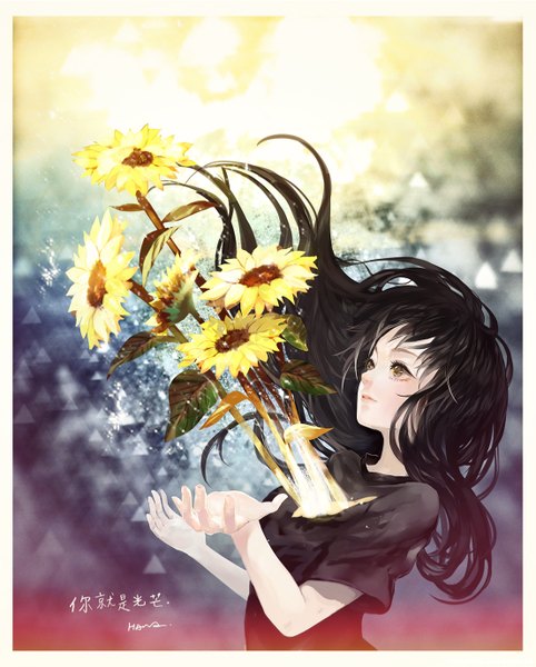 Anime picture 1105x1375 with original say hana single long hair tall image fringe black hair brown eyes signed inscription looking up framed glow girl flower (flowers) t-shirt sunflower
