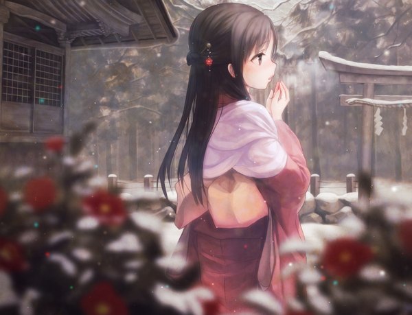 Anime picture 2000x1533 with original budouya single long hair fringe highres open mouth brown hair standing brown eyes traditional clothes japanese clothes profile snowing winter snow half updo exhalation cold girl