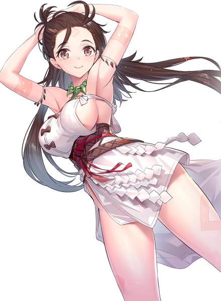 Anime-Bild 880x1200 mit fate (series) fate/grand order himiko (fate) ririko (zhuoyandesailaer) single long hair tall image looking at viewer blush fringe breasts light erotic simple background smile brown hair large breasts standing white background brown eyes ahoge