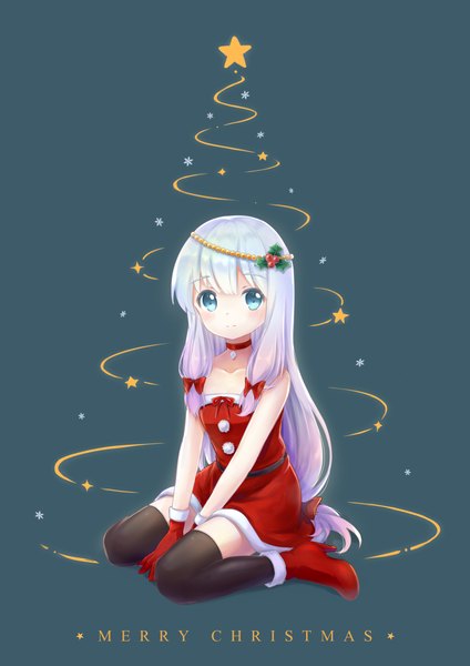 Anime picture 3507x4960 with eromanga sensei a-1 pictures izumi sagiri cman sora single long hair tall image looking at viewer fringe highres blue eyes simple background sitting payot absurdres silver hair full body high heels wariza christmas