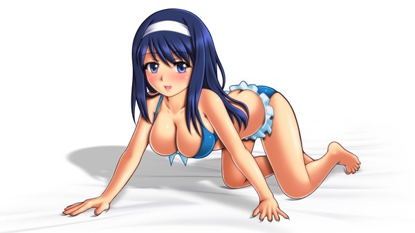 Anime picture 1920x1080 with vividred operation futaba aoi (vividred operation) kimuti-g single long hair looking at viewer blush highres breasts open mouth blue eyes light erotic wide image bare shoulders blue hair shadow on all fours girl swimsuit bikini