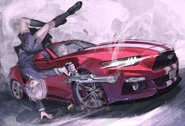 Anime picture 1904x1296 with destro 246 ford koh (minagi kou) long hair fringe highres short hair open mouth multiple girls looking away silver hair bent knee (knees) arm support steam smoking gun driving girl skirt uniform weapon