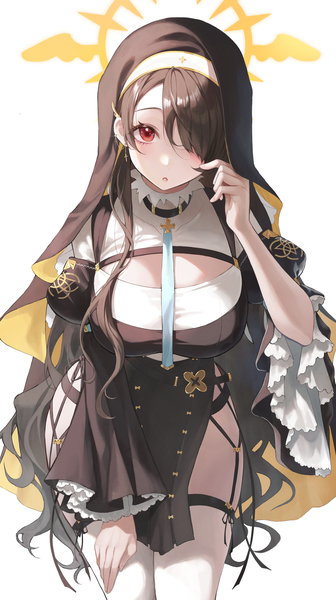 Anime picture 2242x4000 with blue archive hinata (blue archive) yeorem single long hair tall image looking at viewer blush fringe highres breasts open mouth light erotic black hair simple background red eyes large breasts standing white background arm up