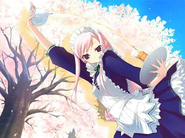 Anime picture 1024x768 with to heart 2 leaf (studio) lucy maria misora long hair blush pink hair pink eyes maid dutch angle cherry blossoms hair ornament apron glass tray hairpin (hairpins)
