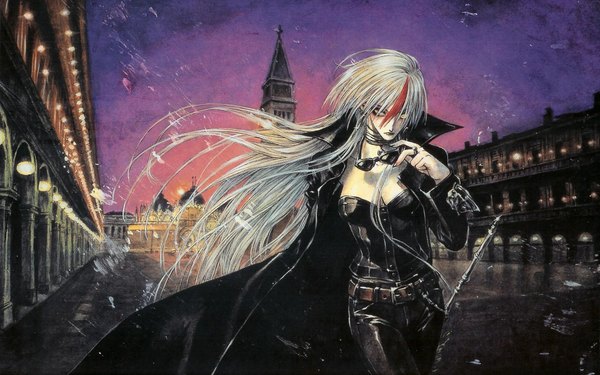 Anime picture 1920x1200 with trinity blood gonzo astharoshe asran long hair highres wide image white hair wind night sky city city lights river girl building (buildings) cloak ring sunglasses corset jeans bridge