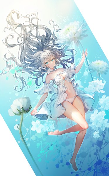 Anime picture 1240x1999 with original rity single long hair tall image blush breasts blue eyes light erotic large breasts full body barefoot grey hair floating hair girl underwear panties flower (flowers) white panties babydoll