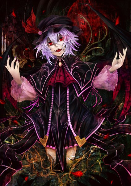 Anime picture 1100x1555 with touhou remilia scarlet kazabana fuuka single tall image short hair open mouth red eyes purple hair girl dress petals wings bonnet