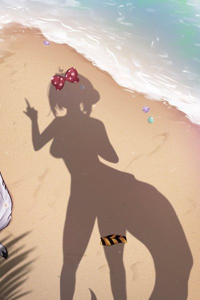Anime picture 2000x3000 with virtual youtuber idol corp juna unagi myth1carts single tall image highres short hair light erotic standing outdoors tail arm up shadow beach polka dot meme middle finger dressed shadow (meme) girl