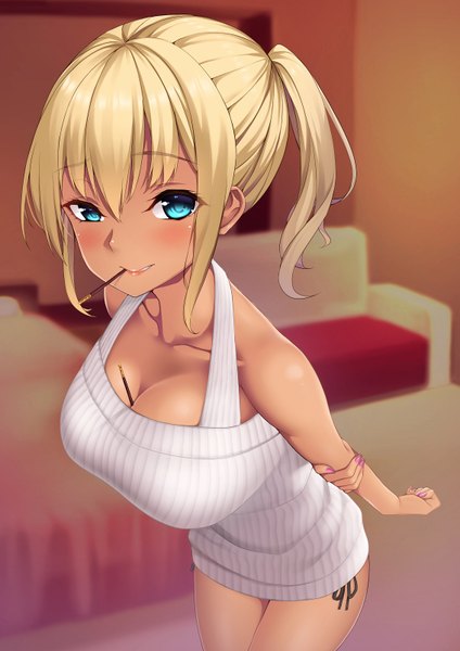 Anime picture 1133x1602 with original takocha single long hair tall image looking at viewer blush fringe breasts blue eyes light erotic blonde hair smile hair between eyes large breasts bare shoulders holding payot cleavage ponytail