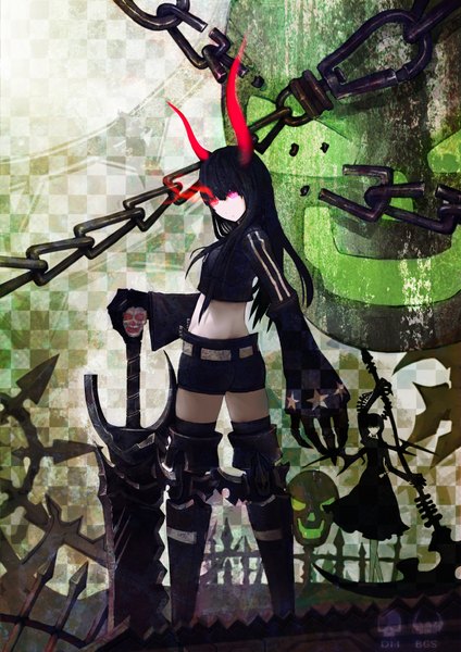 Anime picture 2480x3507 with black rock shooter dead master black gold saw hin (conqueror) long hair tall image looking at viewer highres black hair red eyes multiple girls green eyes looking back horn (horns) glowing glowing eye (eyes) black wings checkered background girl 2 girls