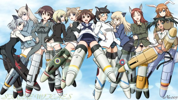 Anime picture 1920x1080 with strike witches miyafuji yoshika sanya v. litvyak erica hartmann eila ilmatar juutilainen francesca lucchini gertrud barkhorn lynette bishop charlotte e yeager sakamoto mio perrine h clostermann minna-dietlinde wilcke ez-nerg long hair highres short hair open mouth blue eyes light erotic black hair