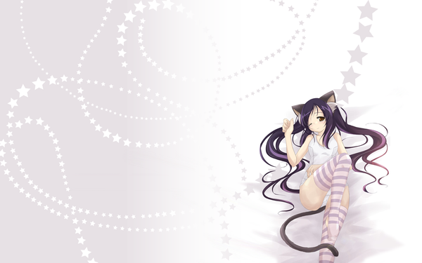 Anime picture 1920x1200 with k-on! kyoto animation nakano azusa long hair highres light erotic black hair wide image brown eyes animal ears cat girl girl thighhighs underwear panties