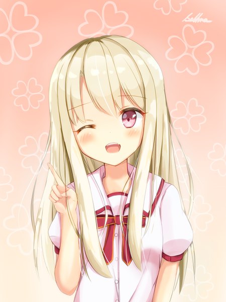 Anime picture 2000x2664 with fate (series) fate/kaleid liner prisma illya illyasviel von einzbern sashima single long hair tall image blush fringe highres open mouth simple background blonde hair smile red eyes signed one eye closed wink teeth short sleeves
