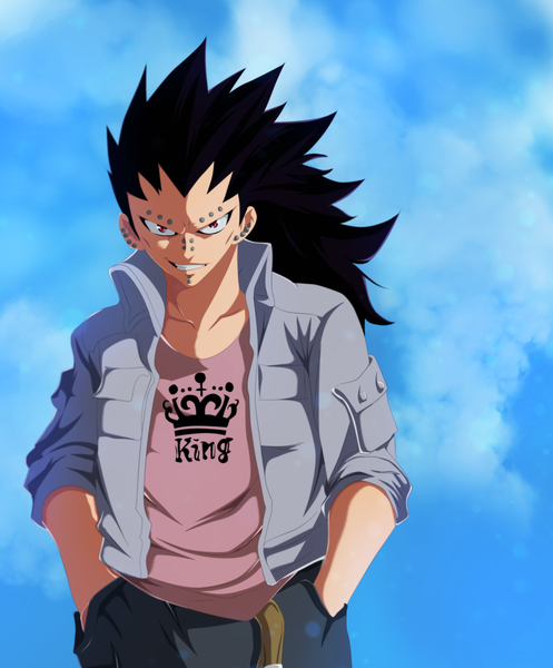 Anime picture 3460x4174 with fairy tail gajeel redfox ironizer single long hair tall image highres black hair smile red eyes absurdres sky cloud (clouds) grin piercing coloring hands in pockets boy pants
