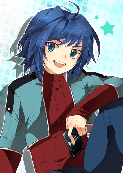 Anime picture 1000x1412 with cardfight!! vanguard sendo aichi yamaki suzume single tall image short hair open mouth sitting blue hair looking away ahoge aqua eyes shadow boy card (cards)