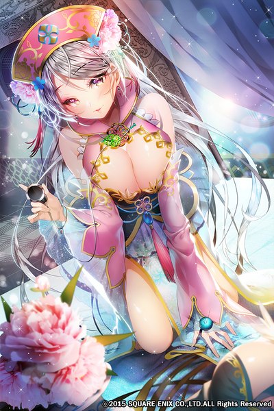 Anime picture 588x881 with original aile (crossroads) single long hair tall image looking at viewer blush breasts light erotic purple eyes cleavage silver hair girl dress flower (flowers) detached sleeves stethoscope