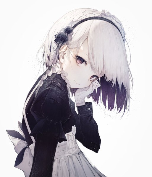 Anime picture 4283x4998 with original hito komoru single tall image looking at viewer blush fringe highres short hair simple background white background purple eyes absurdres silver hair upper body long sleeves head tilt hair flower maid puffy sleeves