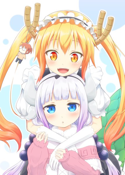 Anime-Bild 1295x1812 mit kobayashi-san chi no maidragon kyoto animation kanna kamui tooru (maidragon) kobayashi (maidragon) kanchan (kanchan220) long hair tall image looking at viewer fringe open mouth blue eyes blonde hair smile twintails multiple girls silver hair purple hair tail :d