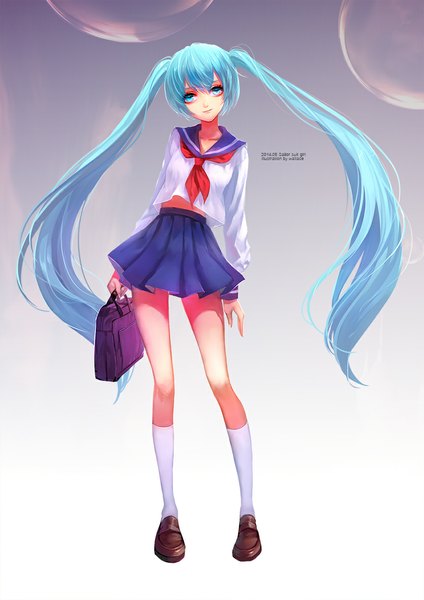 Anime picture 835x1181 with vocaloid hatsune miku wallace (artist) single long hair tall image looking at viewer fringe simple background smile standing twintails pleated skirt aqua eyes aqua hair grey background girl skirt uniform socks