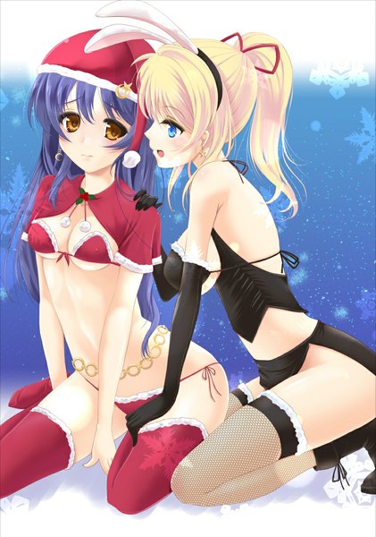 Anime picture 800x1139 with love live! school idol project sunrise (studio) love live! ayase eli sonoda umi frapowa long hair tall image breasts open mouth blue eyes light erotic blonde hair multiple girls yellow eyes blue hair ponytail profile snowing christmas