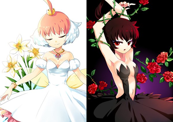 Anime picture 836x588 with princess tutu ahiru arima princess tutu (character) rue kuroha princess kraehe eloosia fringe short hair breasts light erotic smile red eyes brown hair white background multiple girls eyes closed nail polish orange hair arms up bare belly
