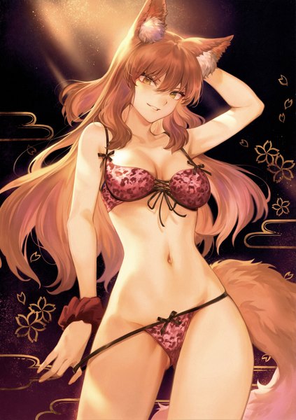 Anime picture 4926x6987 with fate (series) fate/grand order fate/extra ccc fox tail fate/extra fate/extra ccc suzuka gozen (fate) mashuu (neko no oyashiro) single long hair tall image looking at viewer blush fringe highres breasts light erotic simple background smile hair between eyes brown hair