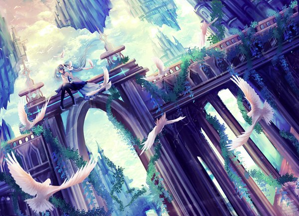 Anime picture 2160x1560 with 7th dragon 2020 vocaloid hatsune miku yingsu jiang single long hair looking at viewer fringe highres blue eyes smile hair between eyes sitting twintails payot sky cloud (clouds) bent knee (knees) outdoors wind