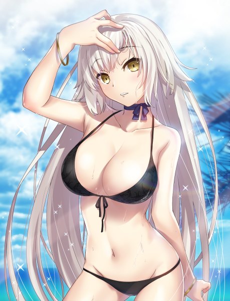Anime picture 918x1200 with fate (series) fate/grand order jeanne d'arc (fate) (all) jeanne d'arc alter (fate) yoshida takuma single long hair tall image looking at viewer blush fringe breasts light erotic large breasts standing bare shoulders yellow eyes sky cleavage silver hair
