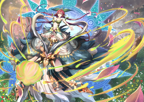 Anime picture 1272x900 with granblue fantasy yggdrasil (granblue fantasy) koroneko single long hair looking at viewer fringe open mouth hair between eyes twintails cleavage cloud (clouds) red hair orange eyes dutch angle floating hair magic spread arms fantasy girl