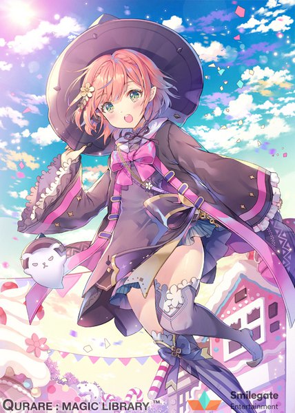 Anime-Bild 640x896 mit qurare: magic library yeonwa single tall image looking at viewer blush short hair open mouth blonde hair green eyes sky cloud (clouds) outdoors pointy ears sunlight inscription wide sleeves official art :o copyright name