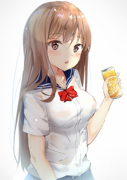 Anime picture 971x1374 with original hikashou single long hair tall image looking at viewer blush fringe breasts open mouth simple background hair between eyes brown hair standing white background holding brown eyes upper body short sleeves wet