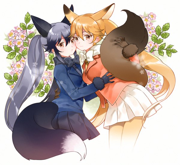 Anime picture 900x827 with kemono friends ezo red fox (kemono friends) silver fox (kemono friends) shiosoda long hair looking at viewer fringe blonde hair hair between eyes twintails multiple girls brown eyes animal ears tail animal tail pleated skirt grey hair :o fox ears fox tail