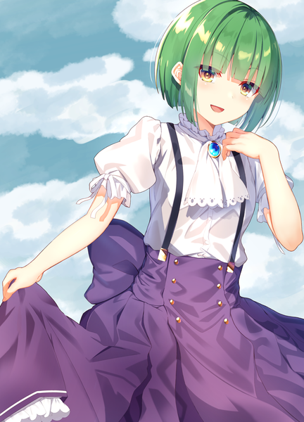 Anime picture 2646x3679 with girly air force phantom (girly air force) nokke o single tall image highres short hair open mouth yellow eyes sky cloud (clouds) :d green hair puffy sleeves skirt hold girl skirt blouse suspenders brooch