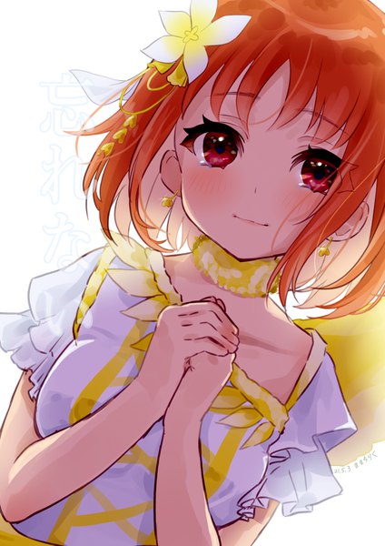 Anime picture 2480x3507 with love live! sunshine!! sunrise (studio) love live! takami chika hinami riku single tall image looking at viewer blush highres short hair red eyes upper body hair flower orange hair hands clasped girl flower (flowers) earrings