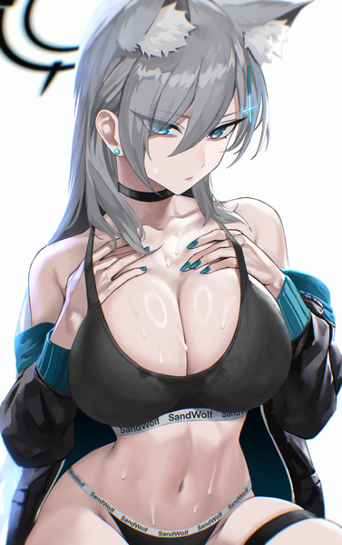 Anime-Bild 2041x3251 mit blue archive shiroko (blue archive) shiroko terror (blue archive) kazane-wind single long hair tall image looking at viewer fringe highres breasts blue eyes light erotic simple background large breasts white background bare shoulders animal ears cleavage nail polish