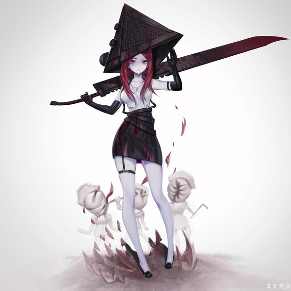 Anime picture 1773x1773 with silent hill pyramid head paul (shiramune) single long hair looking at viewer highres red eyes standing red hair parted lips gradient background glowing glowing eye (eyes) pale skin bloody weapon girl skirt gloves weapon